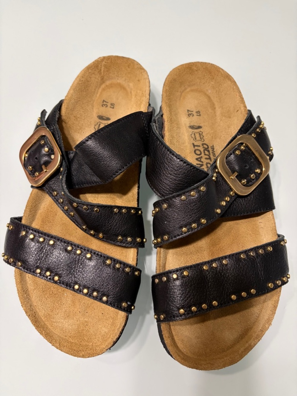 Naot Black Studded Triple-Strap Slide Sandals with Gold Buckles